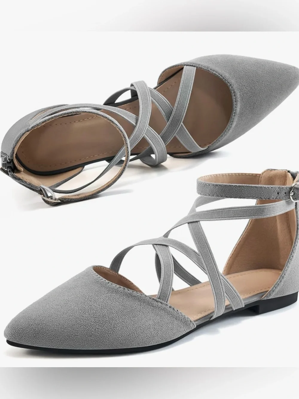 Grey Suede Ankle-Strap Flat Sandals with Adjustable Buckle